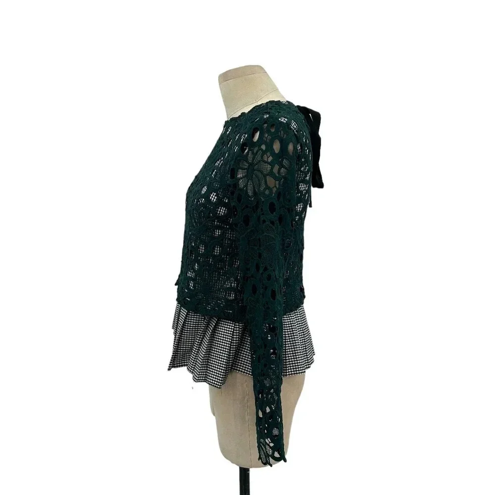 Anthropologie Maeve‎ Gabriella Top Blouse Peplum Gingham Lace Green Size XS